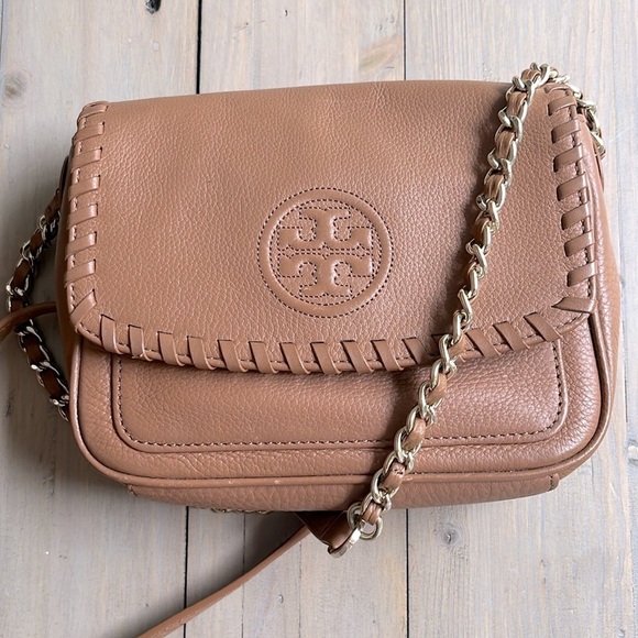Tory Burch Mini Marion Crossbody Purse Camel Leather Authentic - Picture 2 of 12